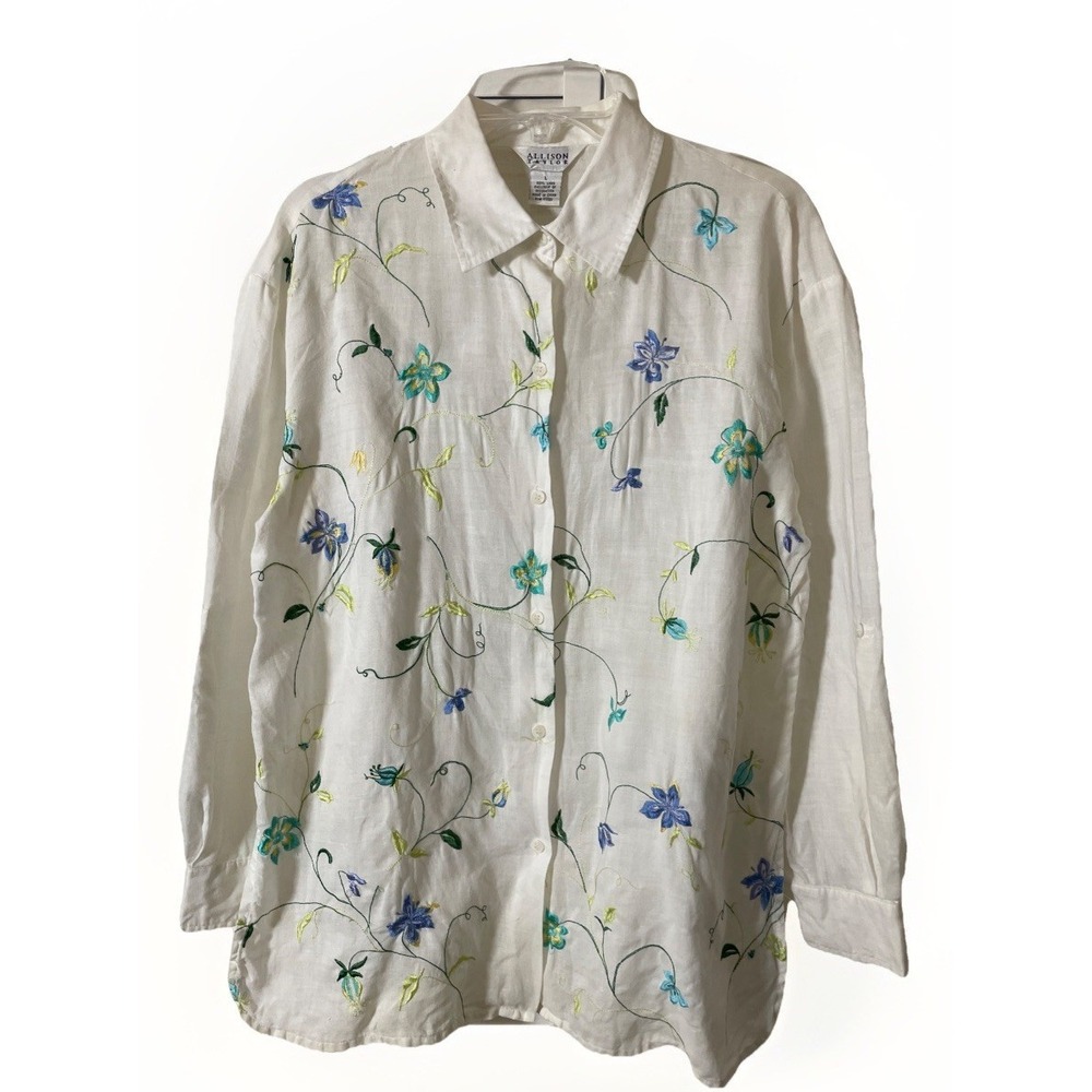 Allison Taylor White Floral Embroidered‎ Linen Shirt Roll Tab Long Sleeve Size L